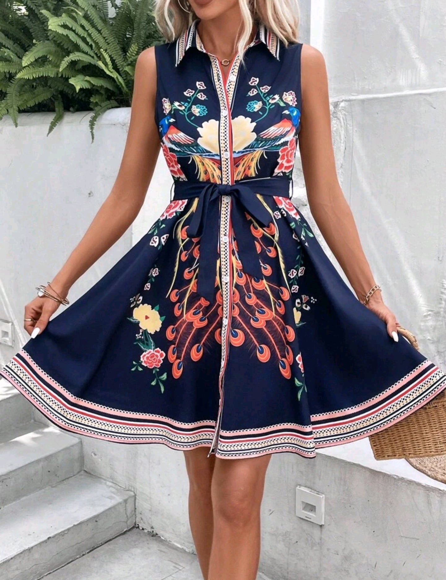 4905 Floral Print Belted Shirt Dress