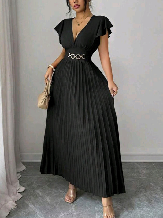 4711 V-Neck Ruffle Sleeve Woven Solid Color Metal Decor Button Pleated Dress