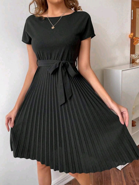Pleated Hem Self Belted Dress