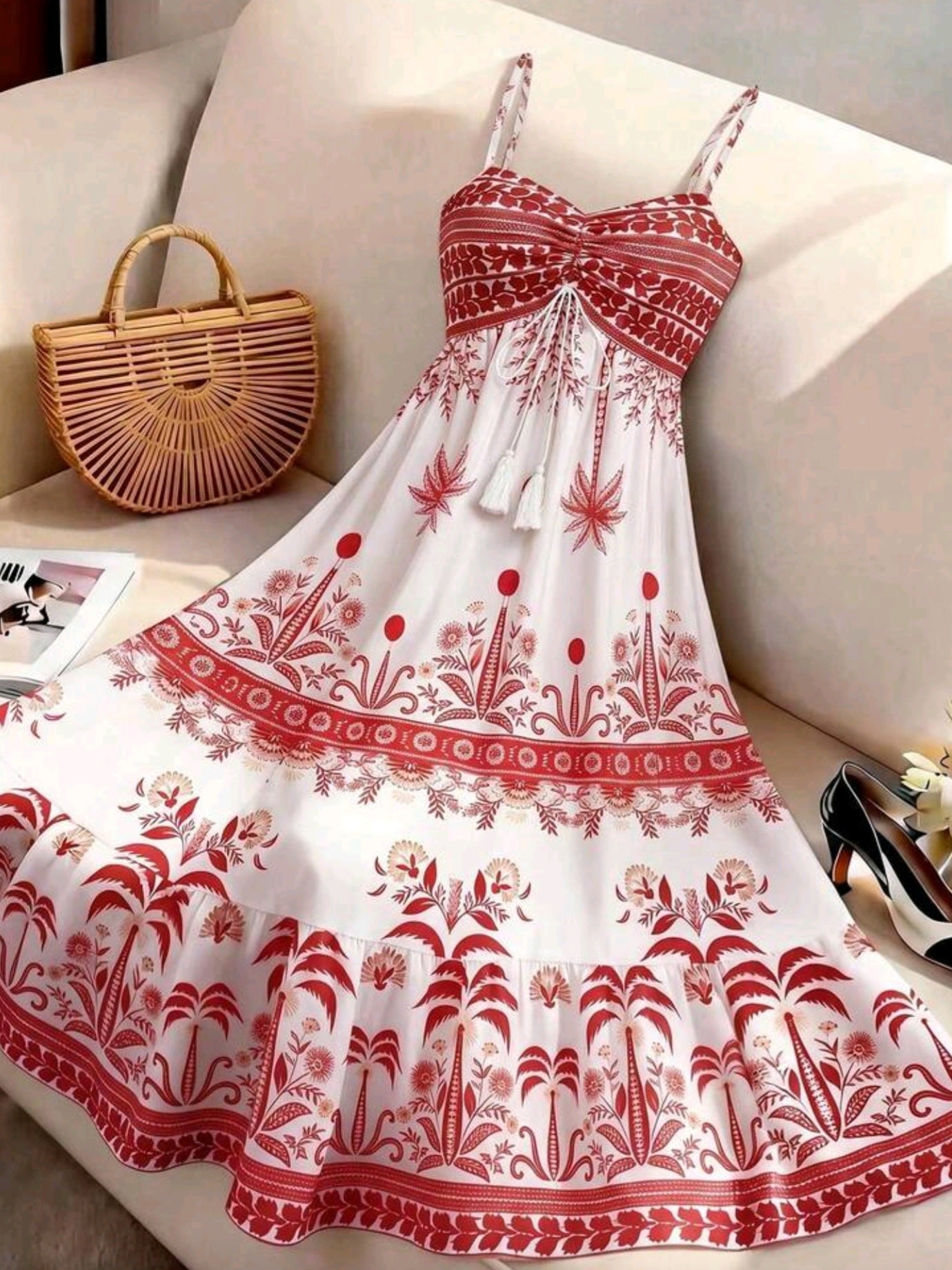 0317 Spaghetti Strap Tie Waist A-Line Maxi Dress