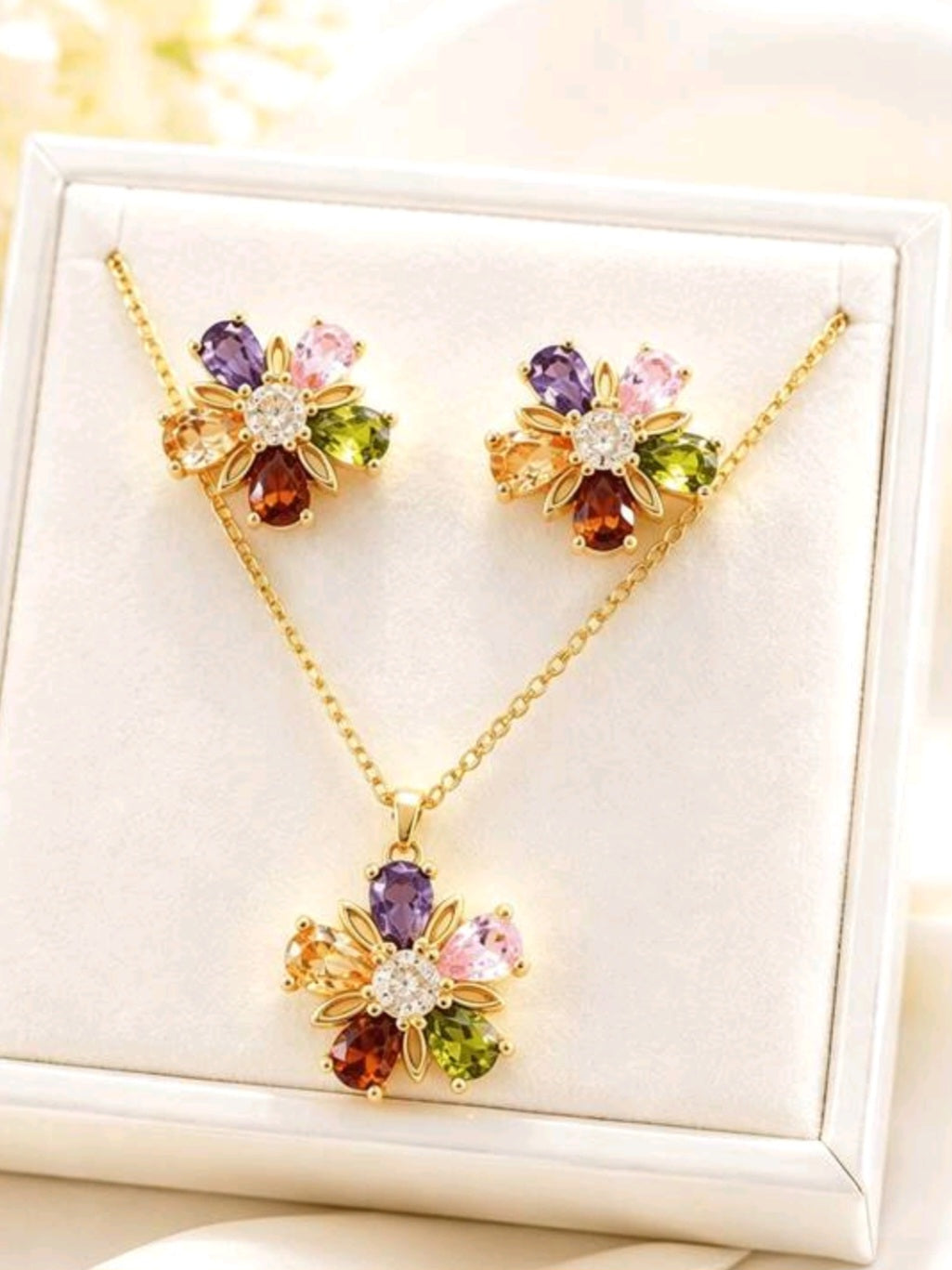 4972 Zirconia Colorful Flower Pendant and Earrings