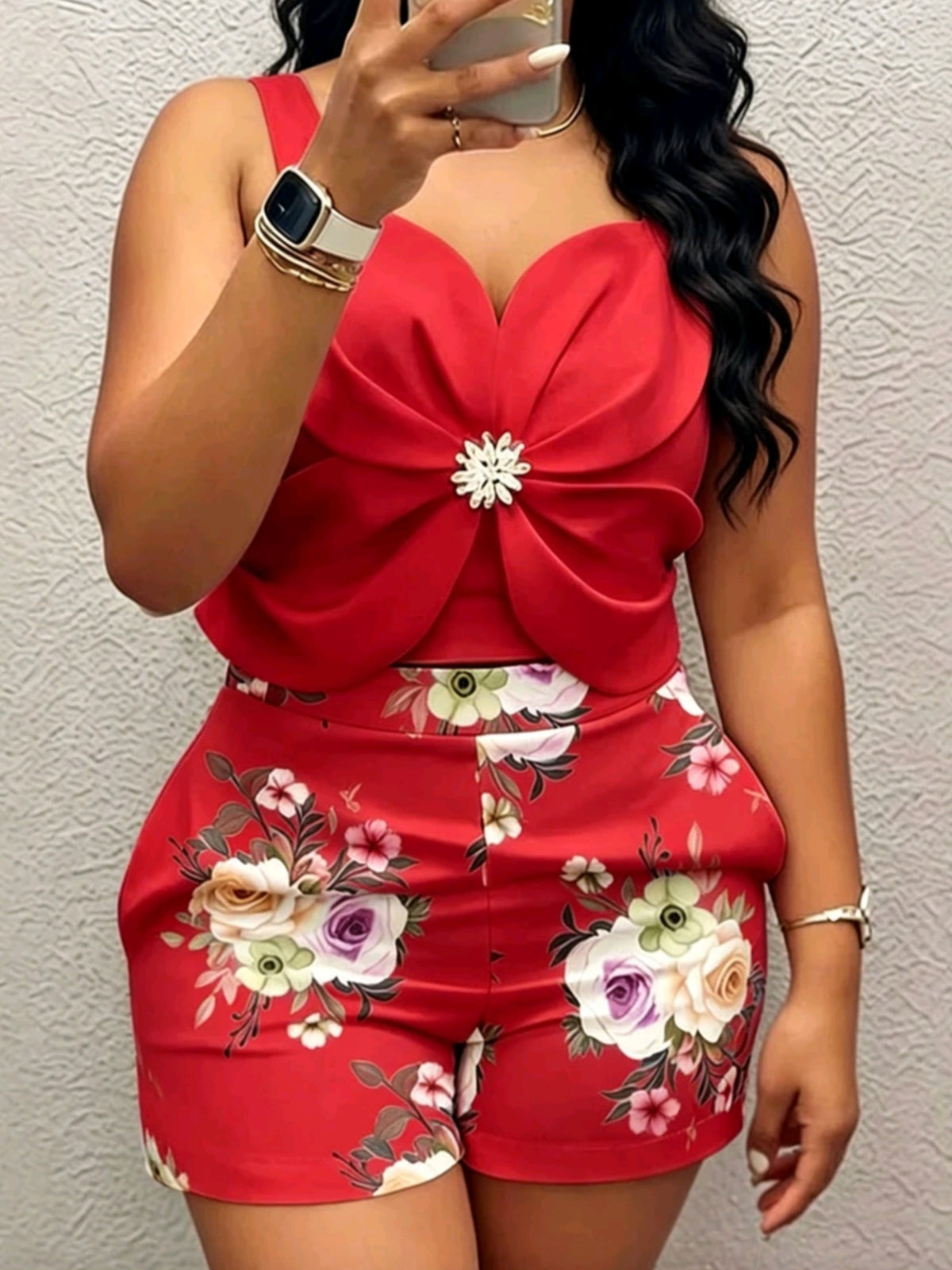 6968 2 piece Tank Top And Floral Print Shorts Set