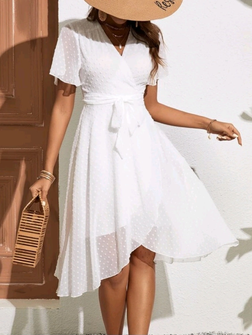 Swiss Dot Belted Wrap Hem Dress