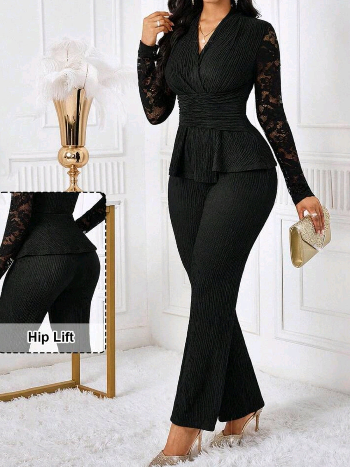 3513 2 piece Lace Long Sleeve Top And Flared Pants