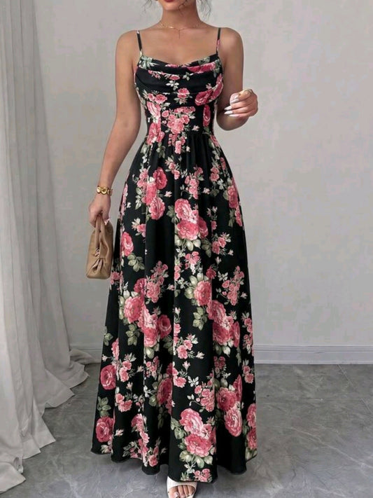 2885 Chiffon Spaghetti Strap Waist Cinched Flowing Dress