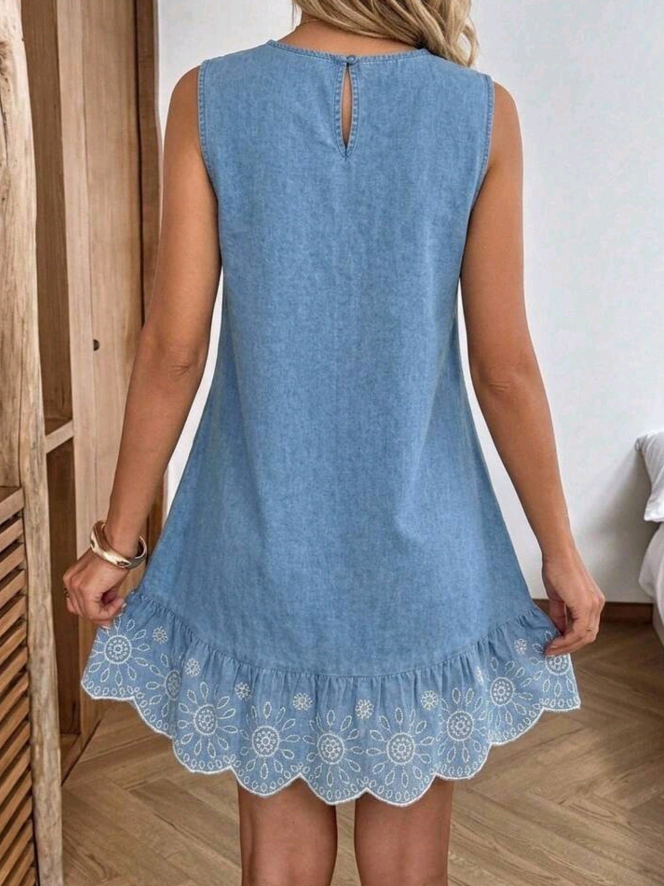 0267 Embroidered Round Neck Sleeveless Denim Dress