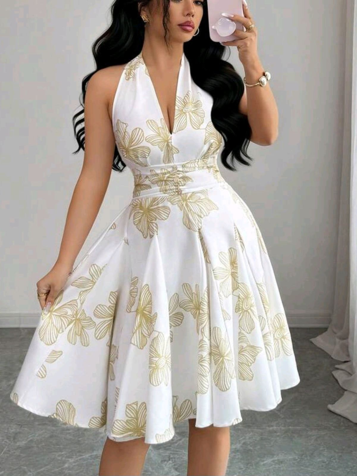4411 Sleeveless Halter Neck Embroidery Dress