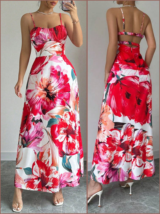 #1122 Flower Print Slim Fit Spaghetti Strap Dress