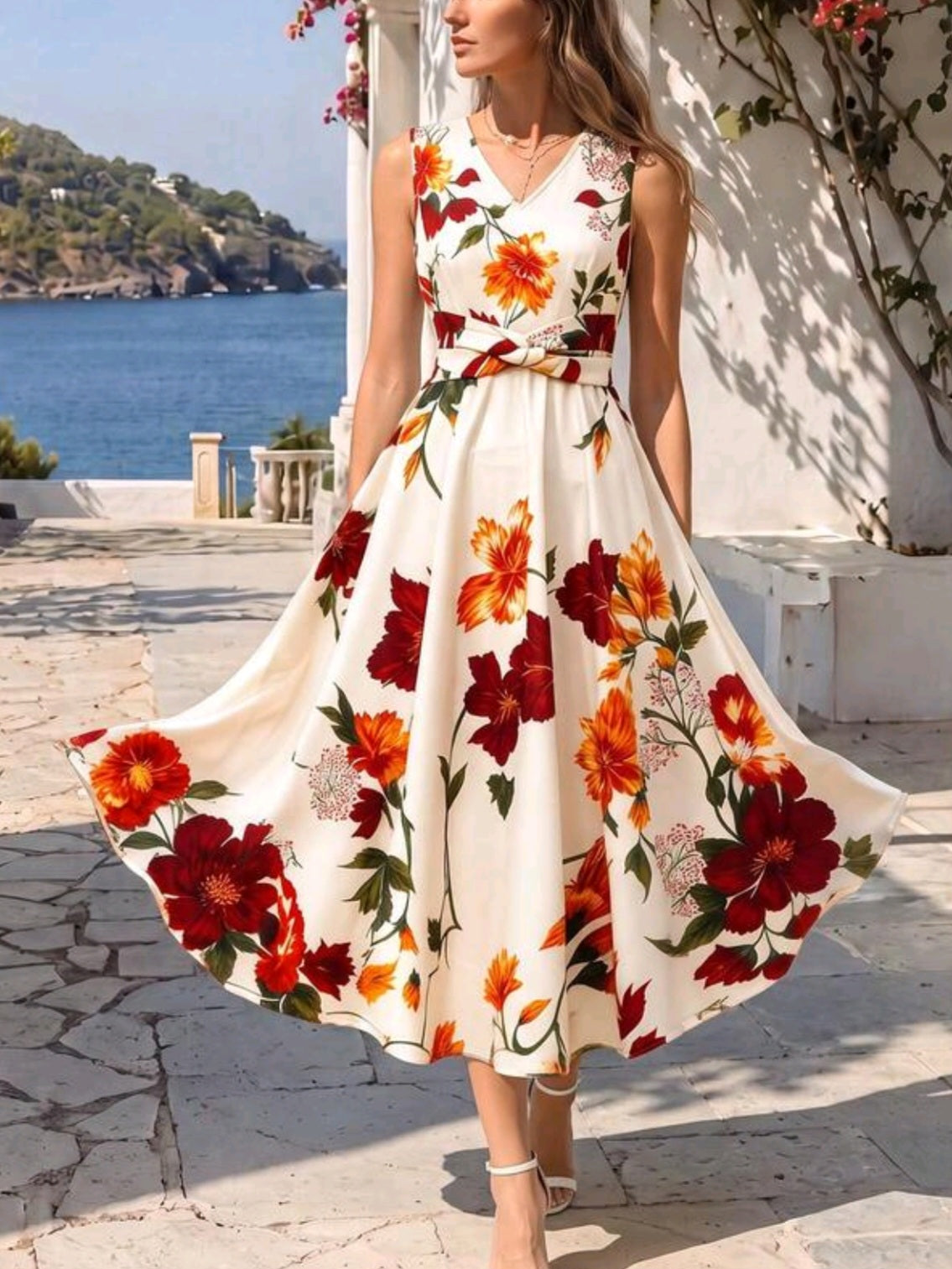 8613 V-Neck Sleeveless Waist Twist Flared Dress