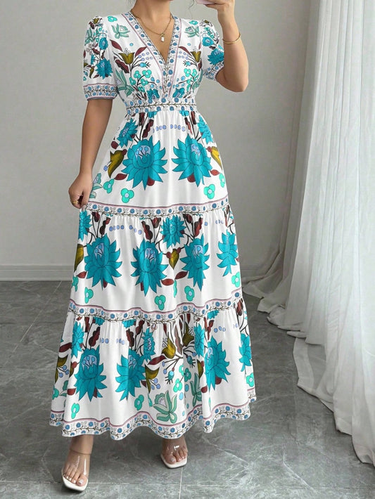 3372 V-Neck Puff Sleeve Dress