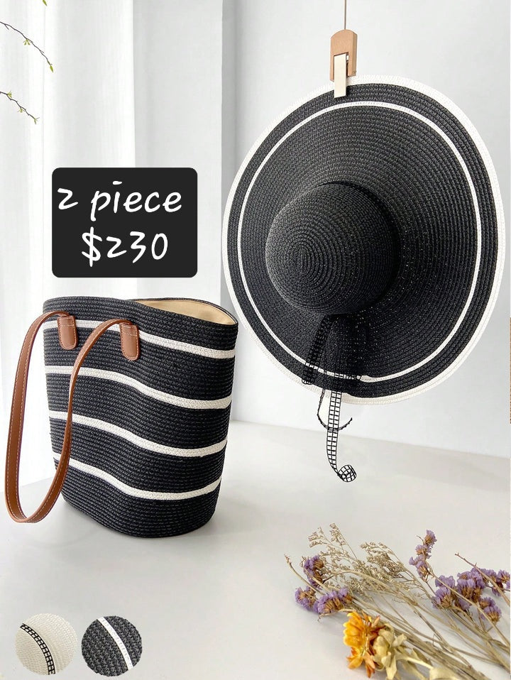 #8720 2 pc set Bohemian Style Wide Brimmed Straw Hat With Bow Ribbon Detailing And Large Capacity Straw Bag Combination Set,