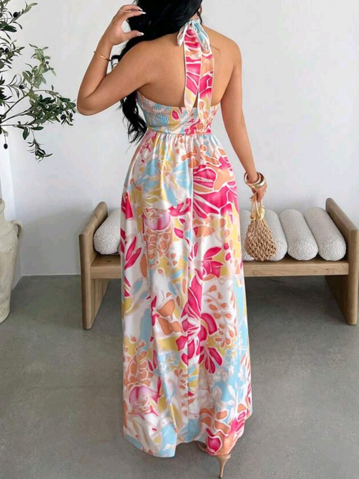 7058 Tropical Plant Halter Neck Dress