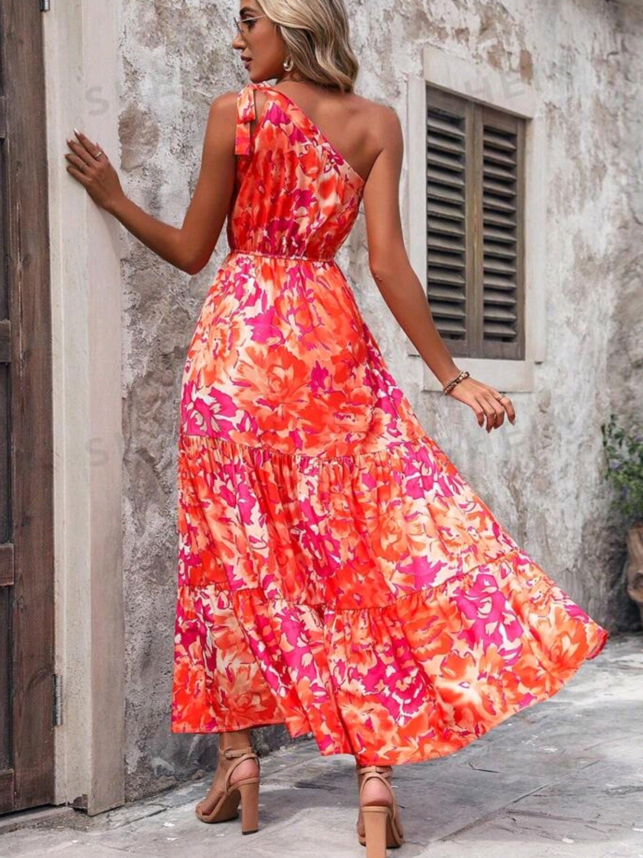 #6901 Floral Print One Shoulder Sleeveless Ruffle Hem Long Dress