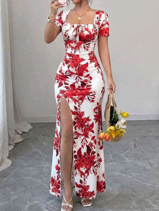 3189  Short Sleeve Dress With Slit Hem And Waist Ruching