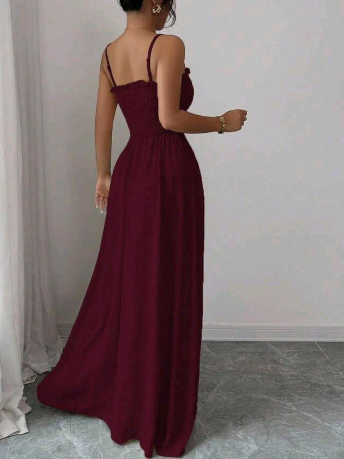 0234 Square Neck Camisole Waist Flared Ruffle Hem Dress