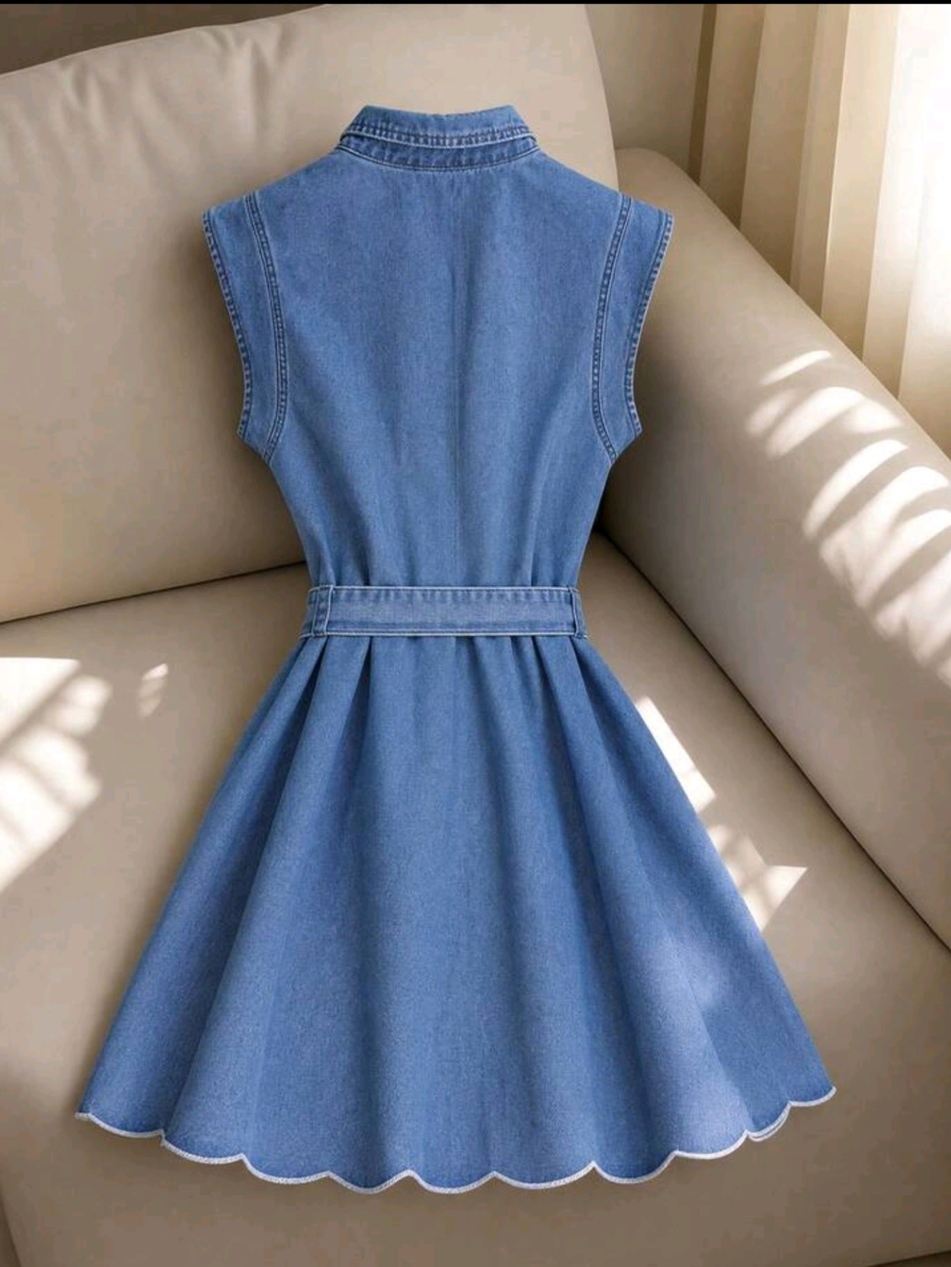 7474 Embroidered Pleated Denim Dress