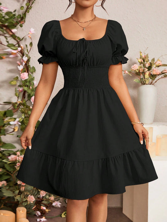 9011 Puff Sleeve Fitted Waist Dress
