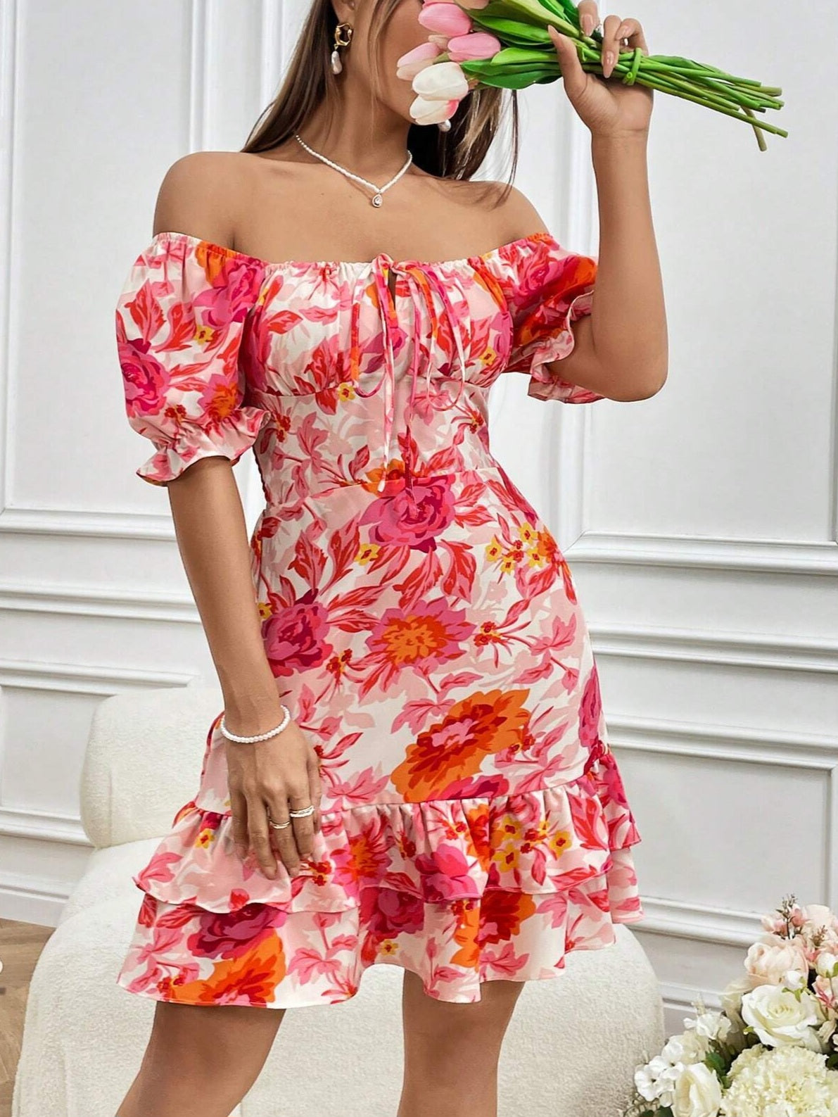 3158 Off Shoulder Puff Sleeve Layered Ruffle Hem Dress