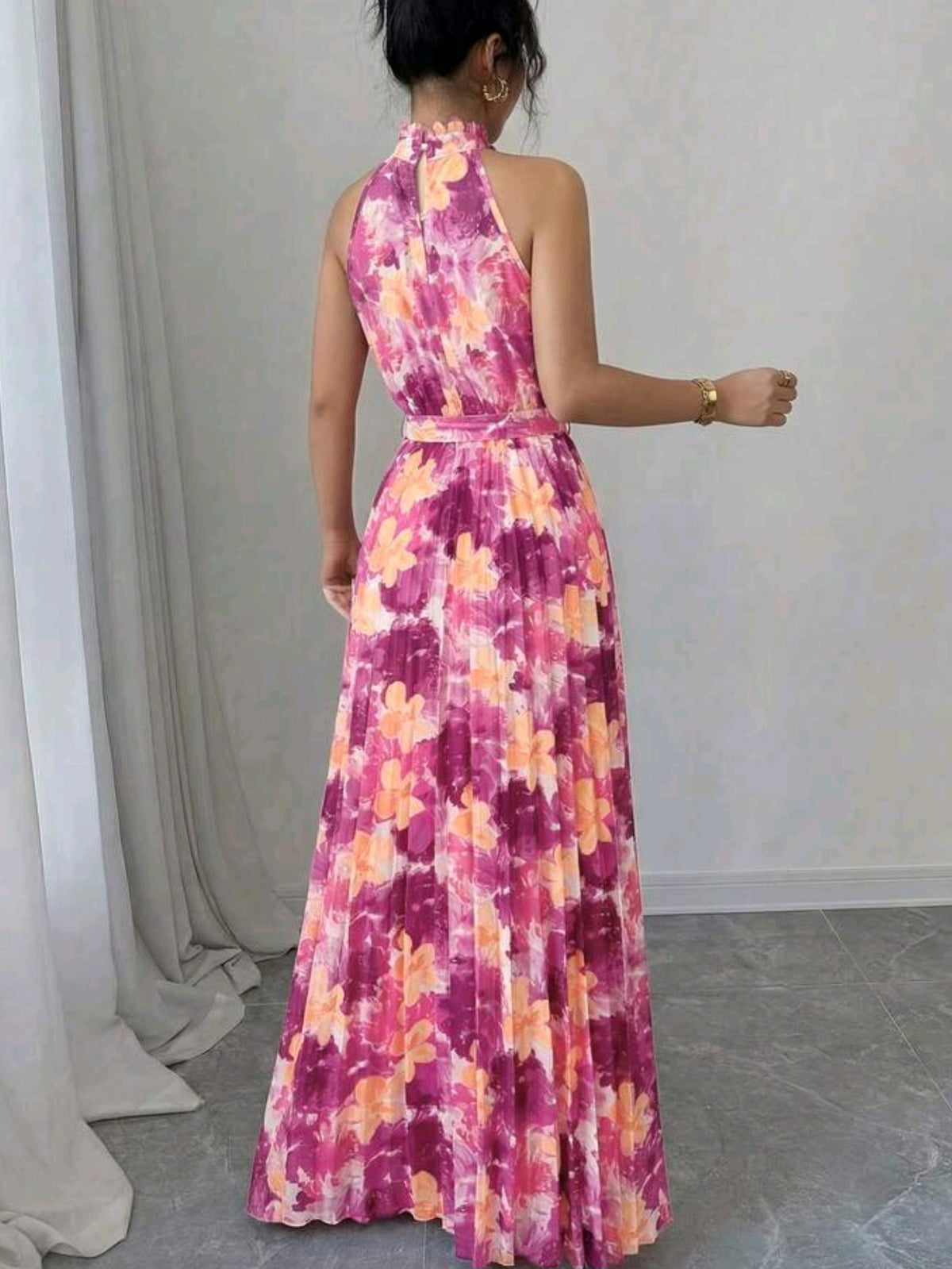 8223 Ruffle Collar Pleated Waist A-Line Dress