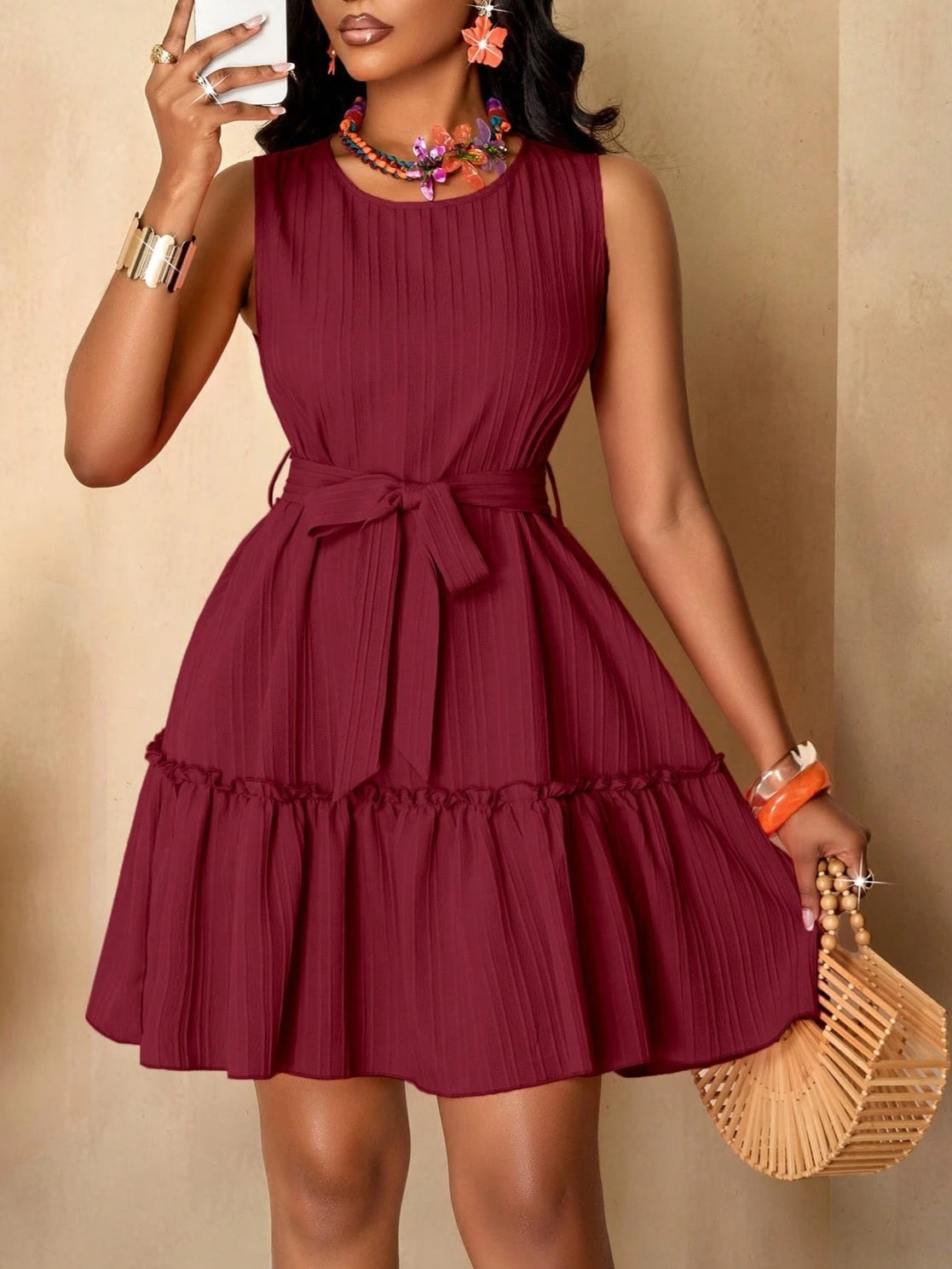 5757 Solid Color Ruffle Hem Sleeveless Dress