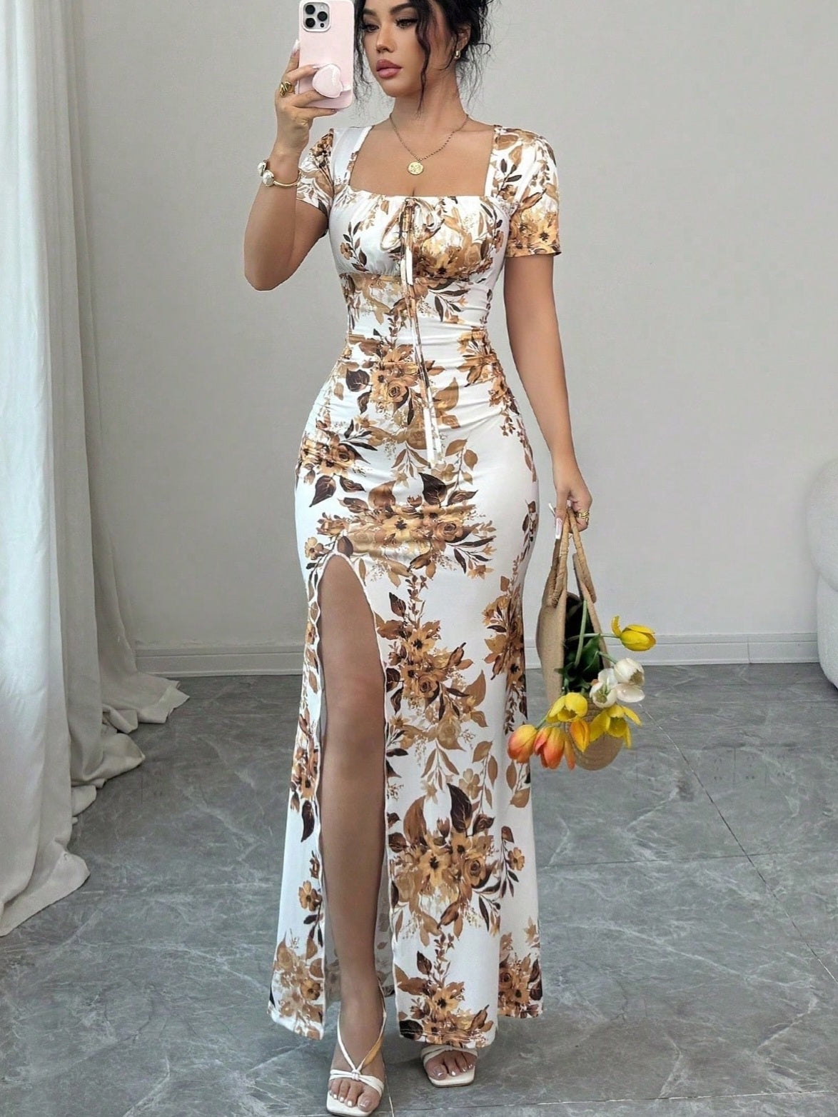 9765 Waist Ruched Dress with Slit Hem