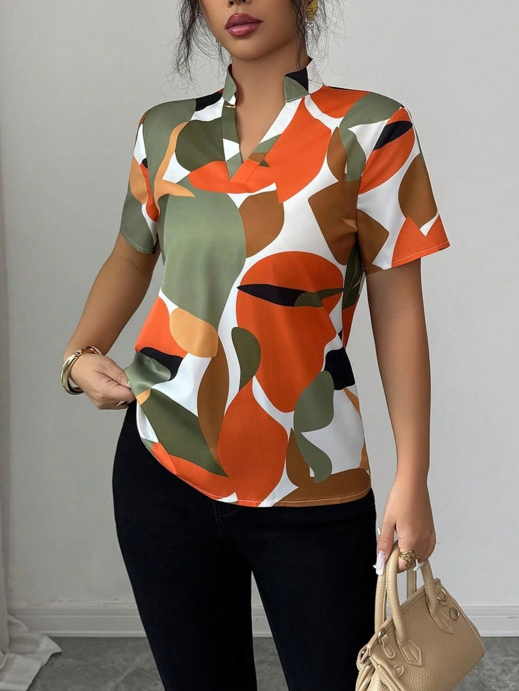 9662 V-Neck Short Sleeve Loose Blouse