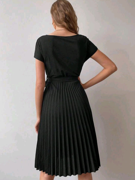 Pleated Hem Self Belted Dress