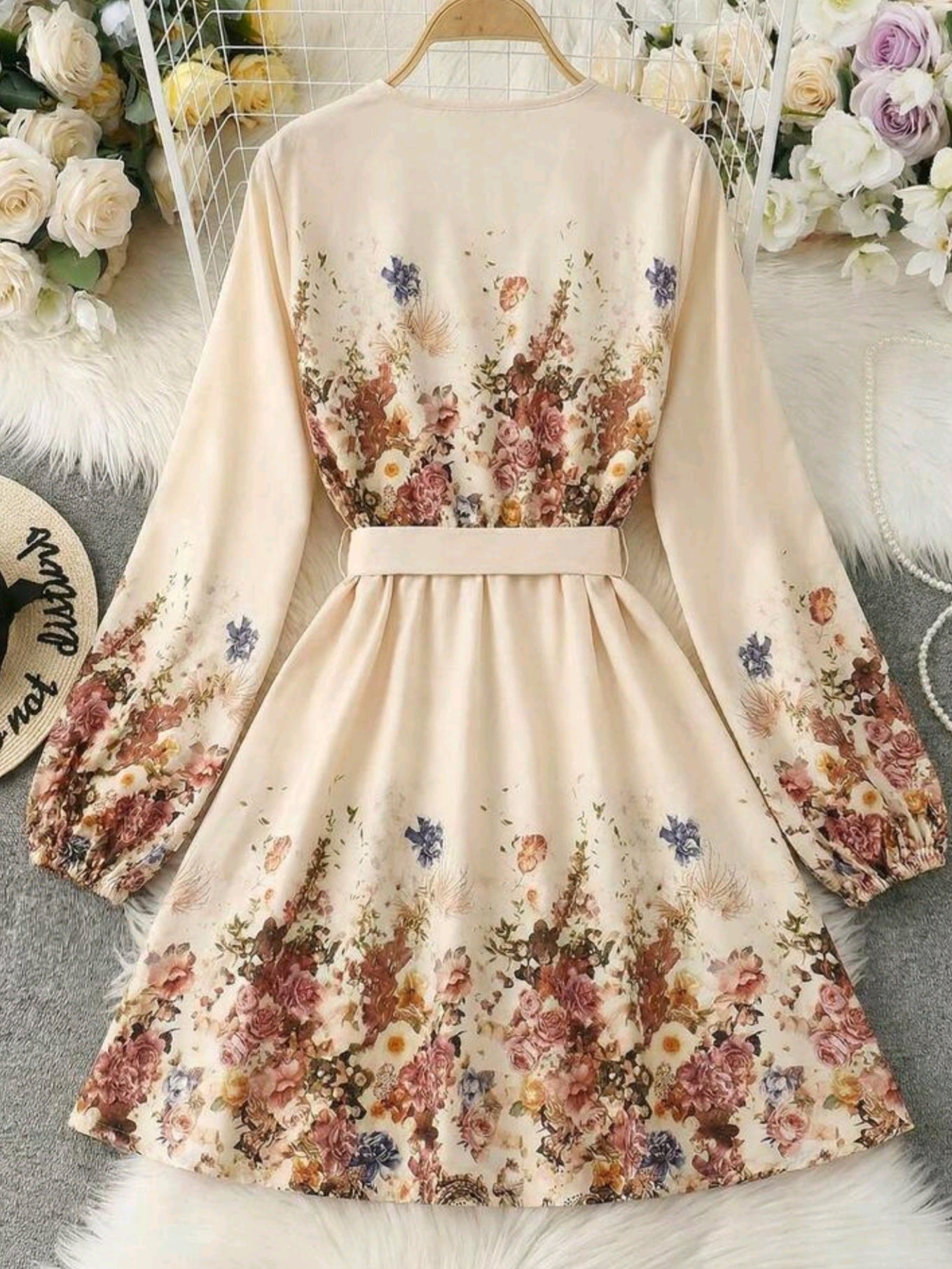 6390 V-Neck Waist Tie Button A-Line Dress