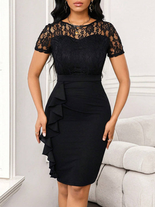 4214 Lace Splicing Ruffled Dress