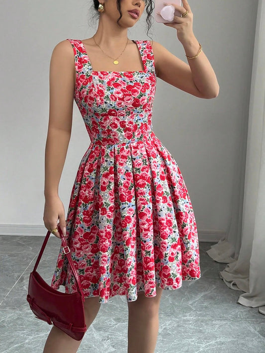 2409 A-Line Pleated Rose Ditsy Floral Print Dress