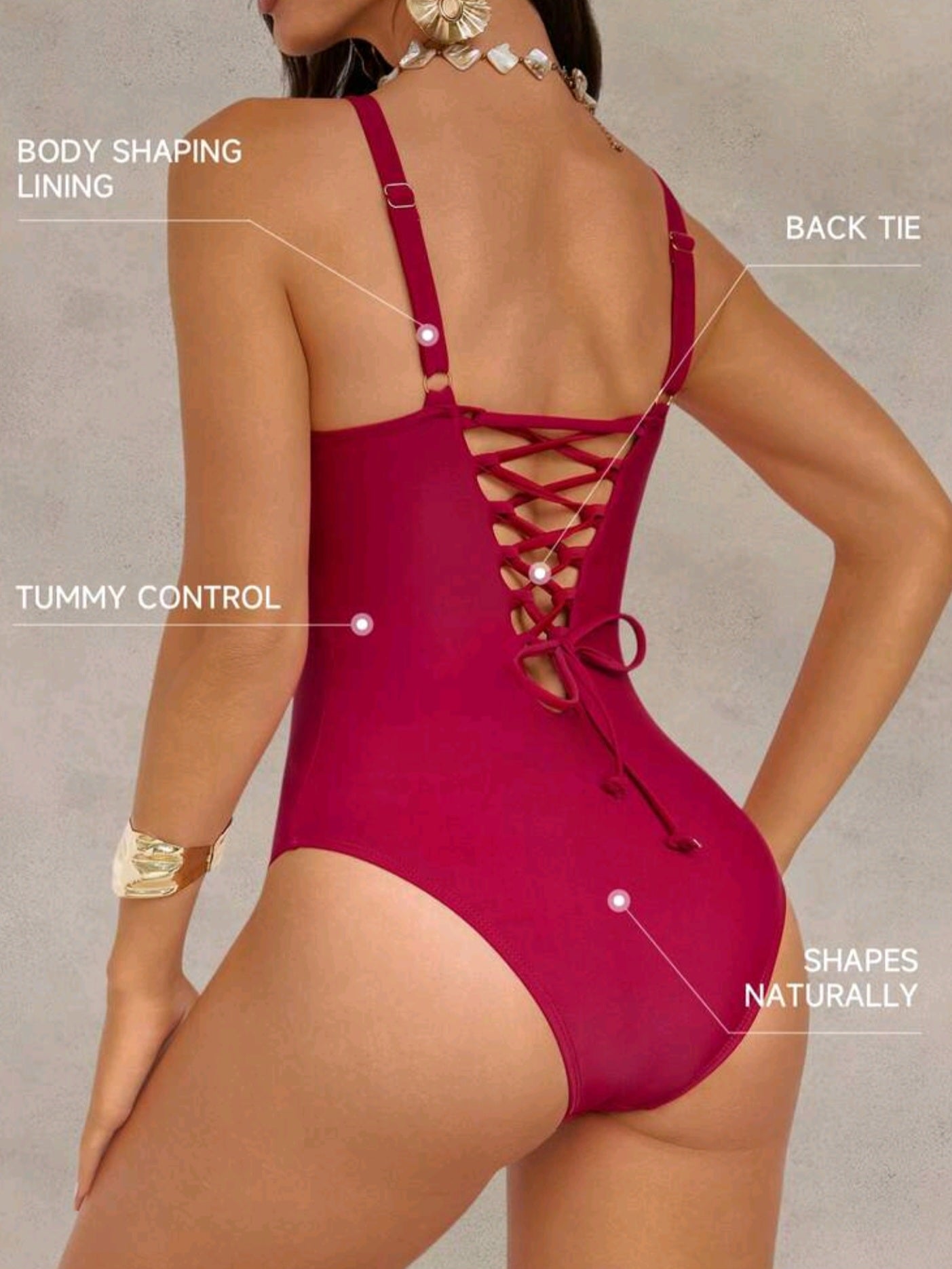 2577 Drawstring Tie Tummy Control Pushup One-Piece Swimsuit