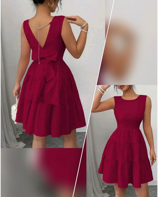 9121 Minimalist Pearl Chain Sleeveless Dress (Burgundy)