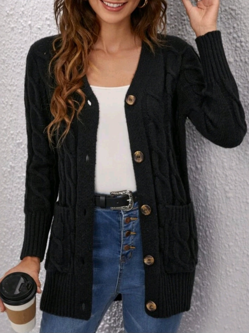 Cable Knit Dual Pocket Button Front Cardigan