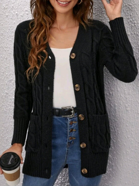 Cable Knit Dual Pocket Button Front Cardigan