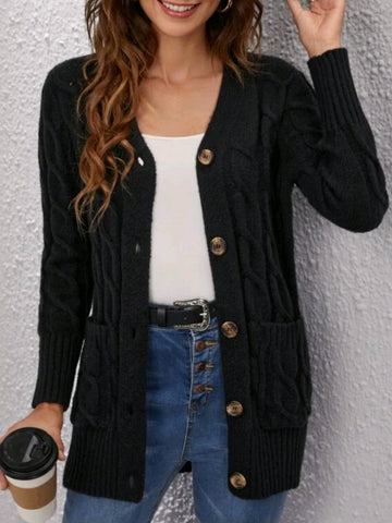 Cable Knit Dual Pocket Button Front Cardigan