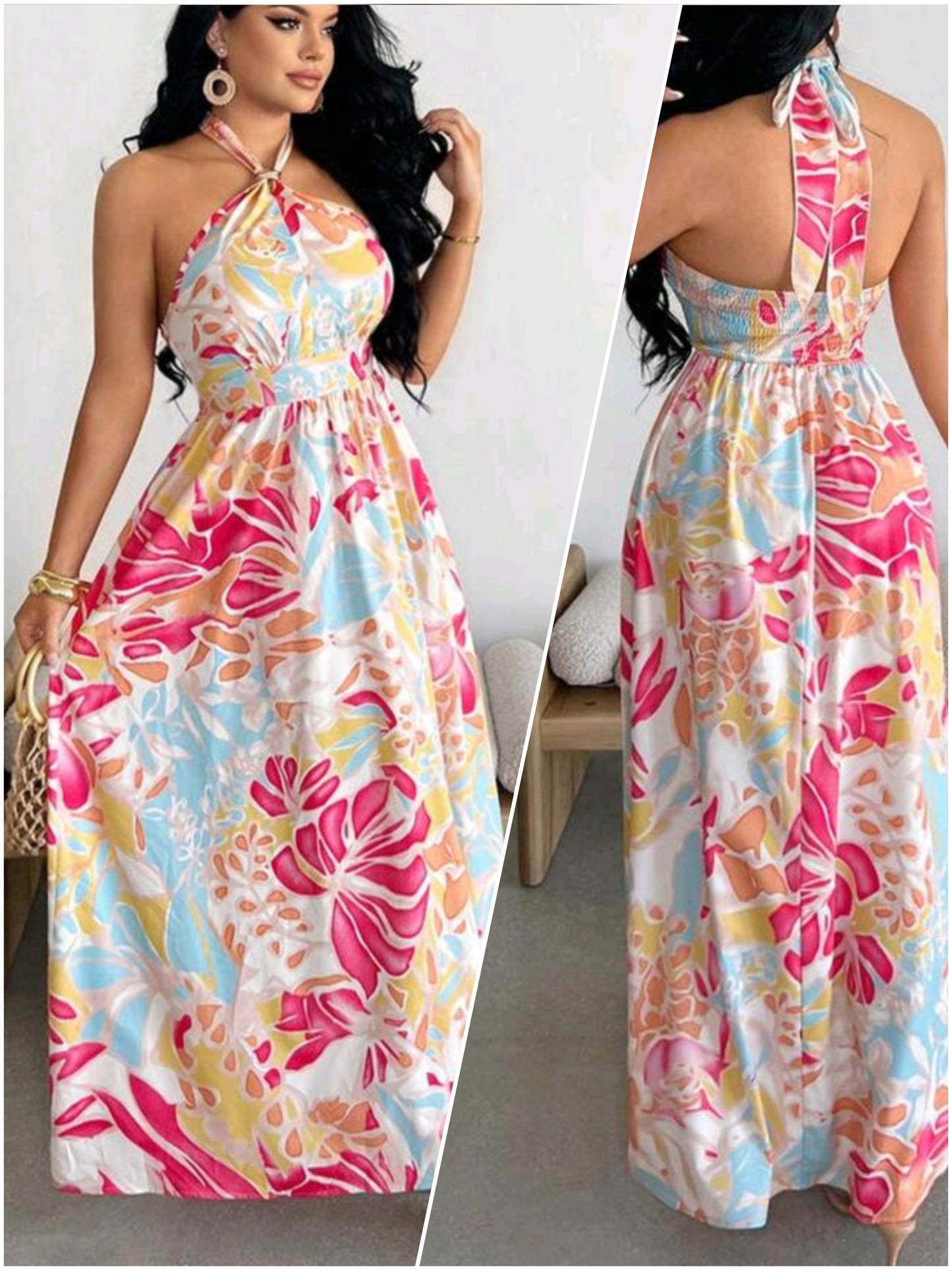 7058 Tropical Plant Halter Neck Dress