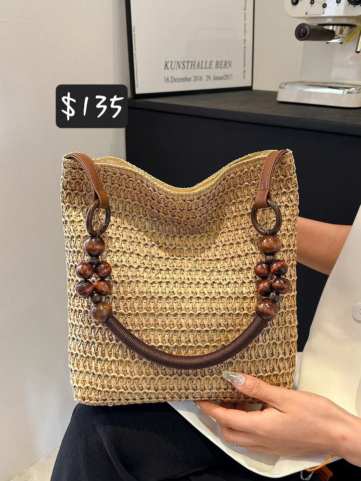 #3972 Bucket Bag With Wooden Beaded Shoulder Strap