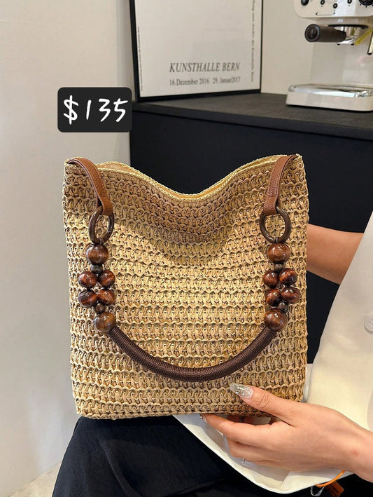 #3972 Bucket Bag With Wooden Beaded Shoulder Strap