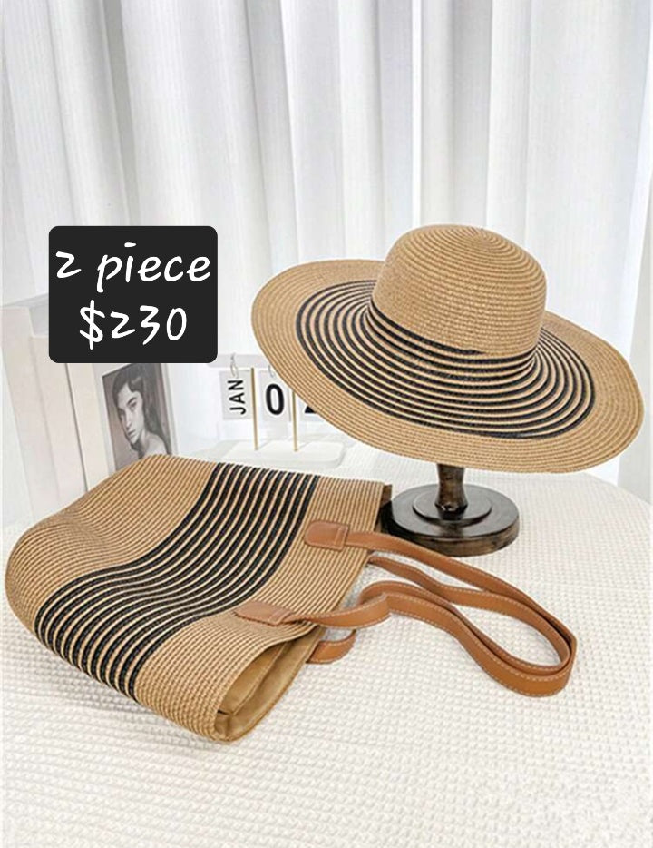 #5290 2 piece set Women's Bohemian Style Wide Brim Straw Hat And Woven Shoulder Bag Set