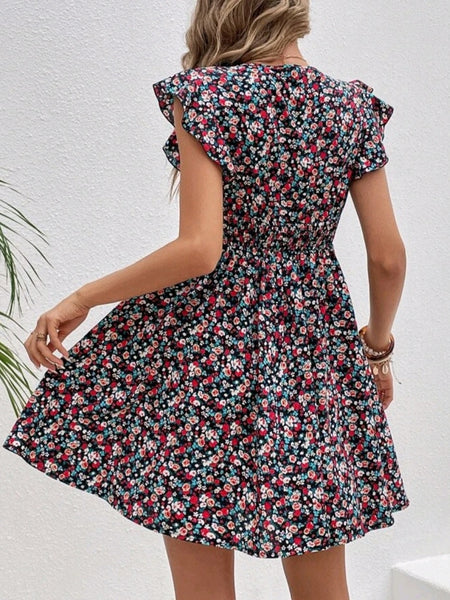 Shirred Waisted Ruffle Trim Dress