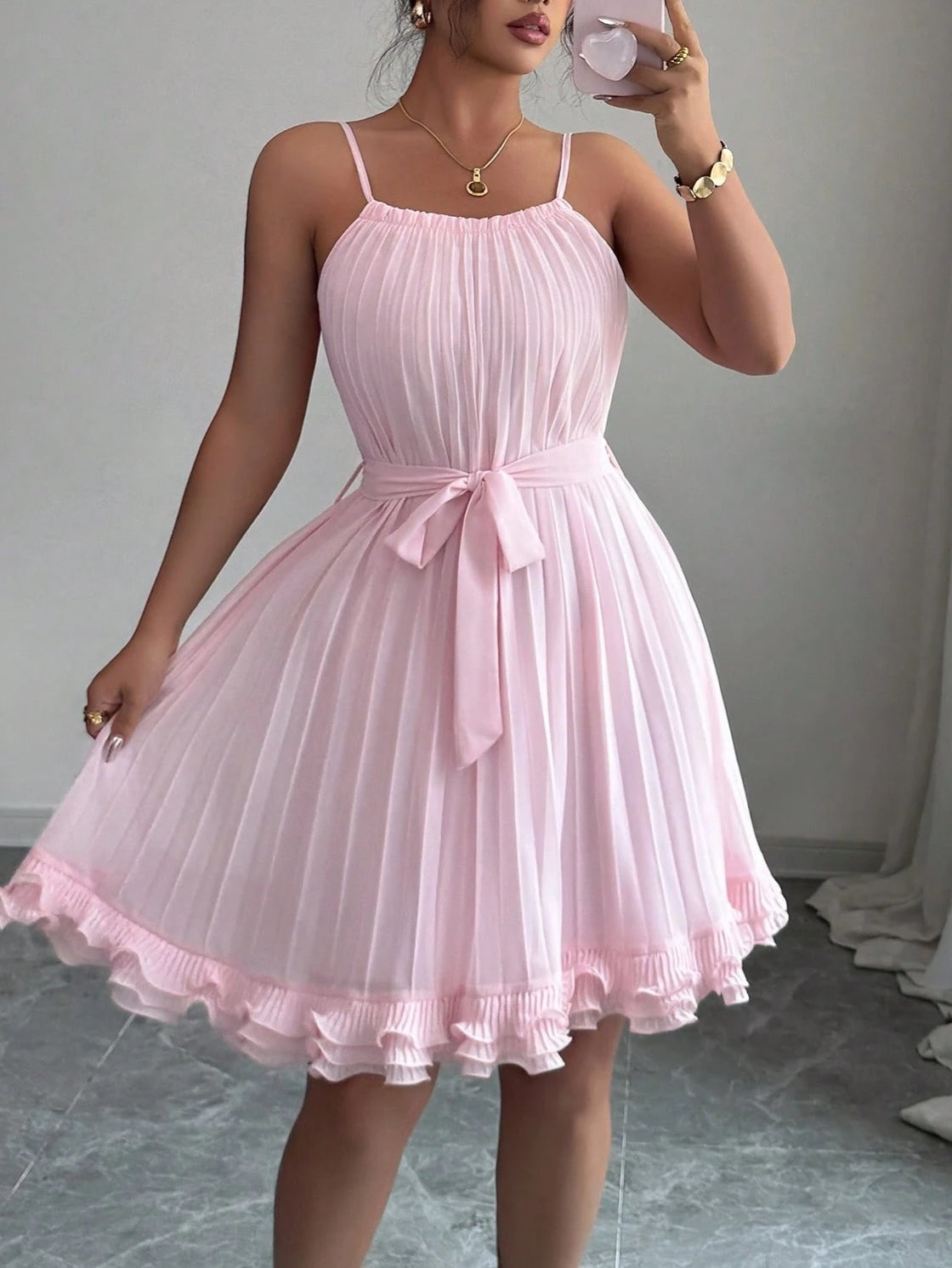 4031 A-Line Pleated Ruffled Hem Dress