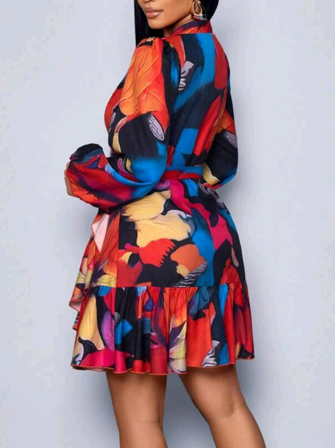 3000 Floral Print Lantern Sleeve Knot Side Ruffle Trim Wrap Dress