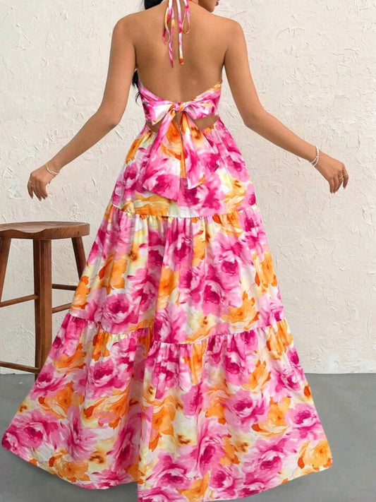 0118 V-Neck Layered Floral Print Open Back Tie Dress