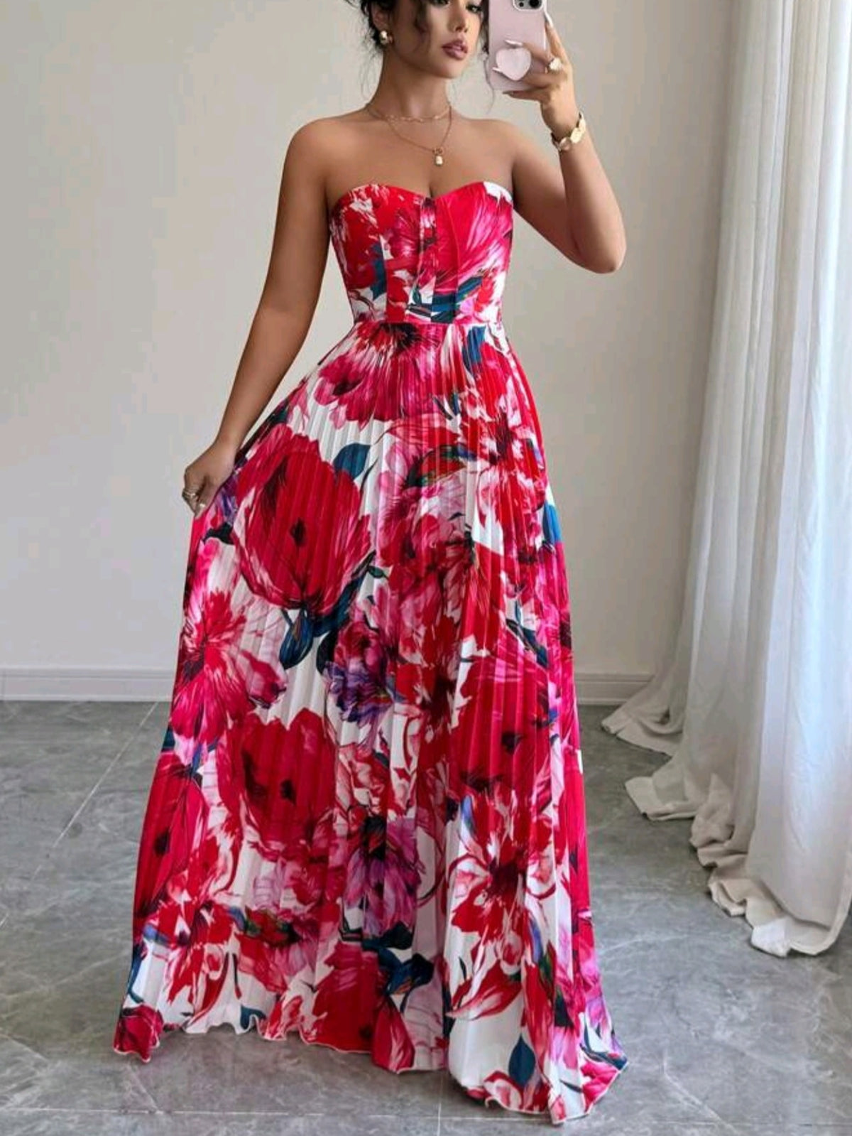 6989 Pleated Floral Print Dress