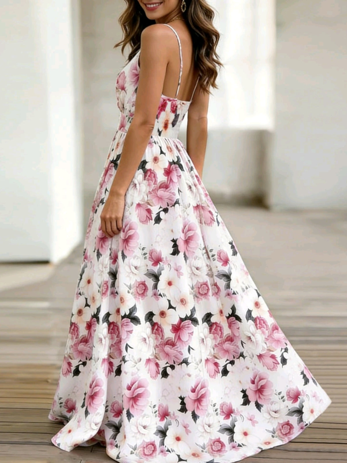 0301 V-Neck Floral Print Waist Cinched Dress
