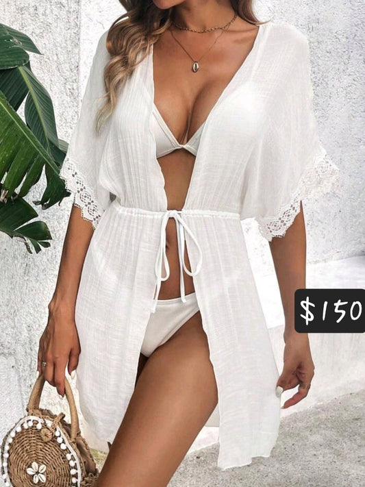 #8341 Lace Trim Drawstring Waist Batwing Sleeve Kimono Cover Up ( only)
