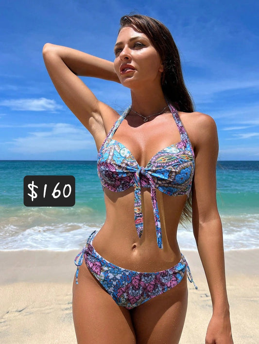 #2166 Push Up Bandeau Full Printed Bikini Set