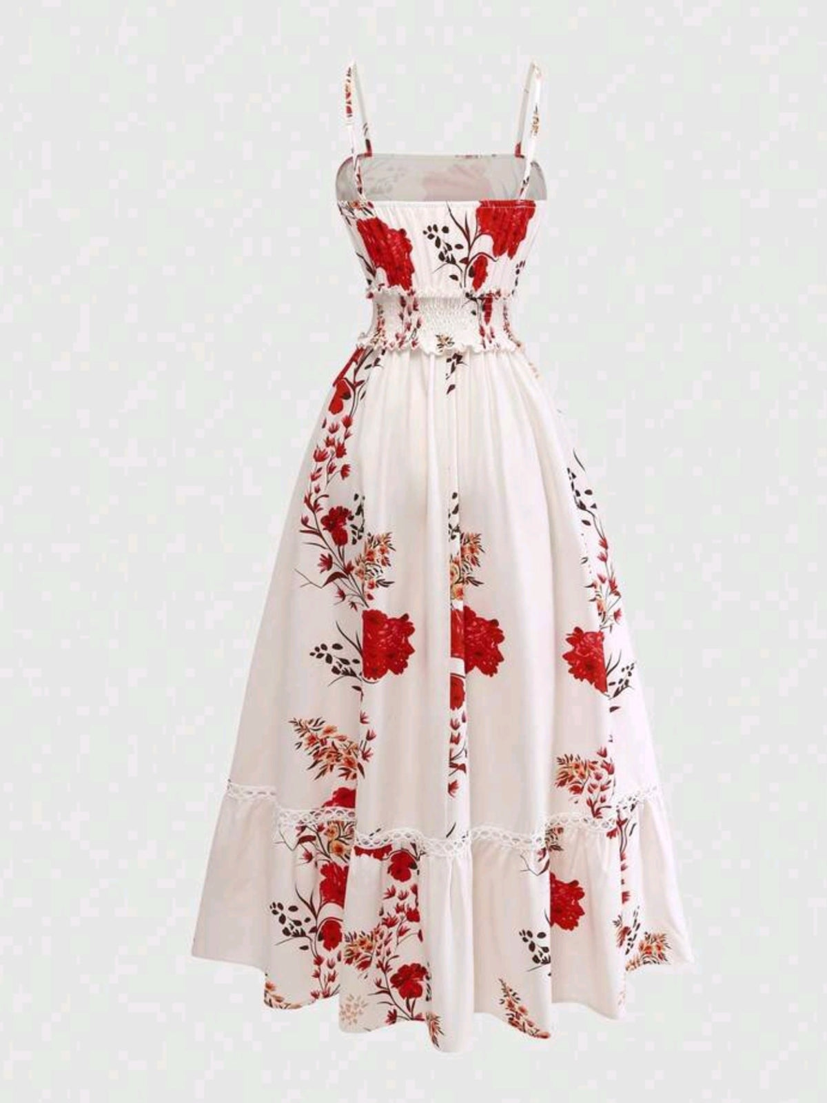 0068 Floral Print Cinched Waist Ruffle Hem A-Line Dress