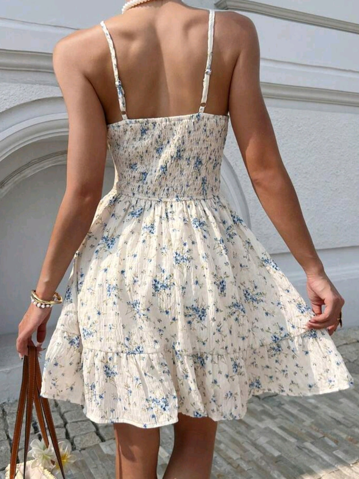 1942 Ditsy Floral Print Ruffle Hem Spaghetti Strap Dress