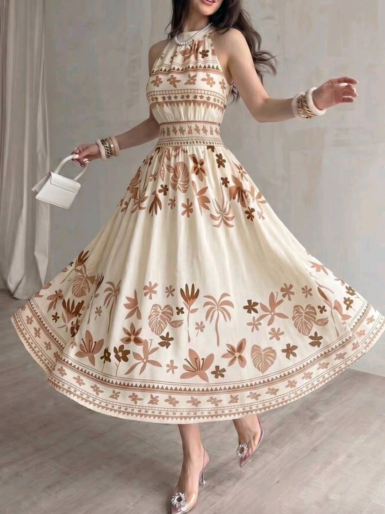 3516 Printed Cinched Waist A-Line